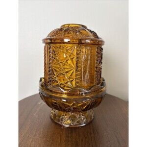 Beautiful Vintage Indiana Glass  Golden Amber Stars and Bars 6.5” Fairy Lamp